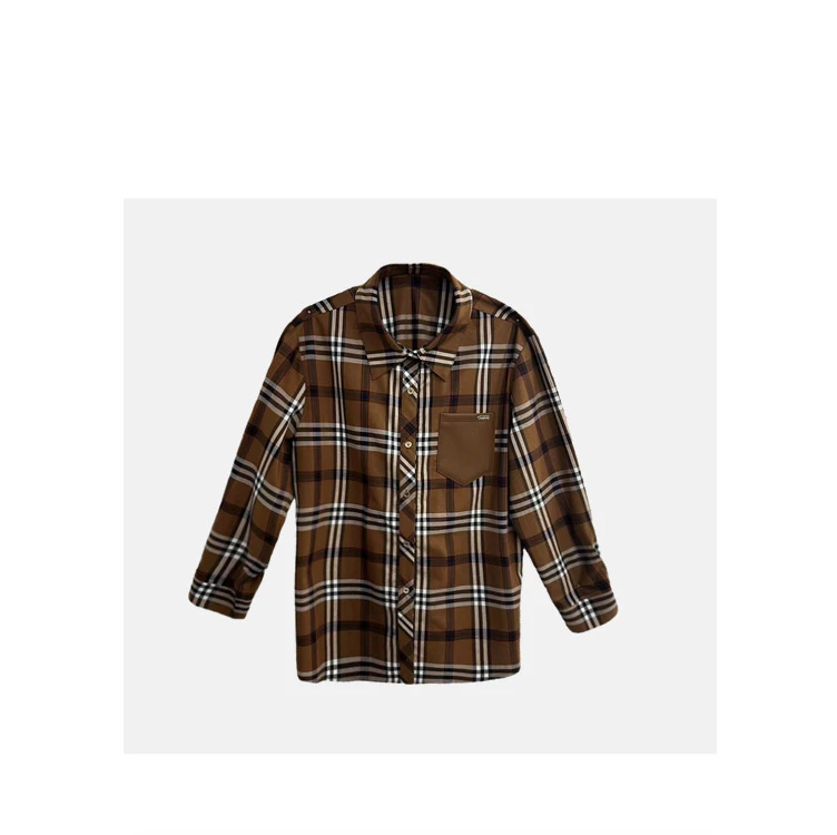 时尚百搭小众小个子经典格纹拼接衬衫长袖女93123