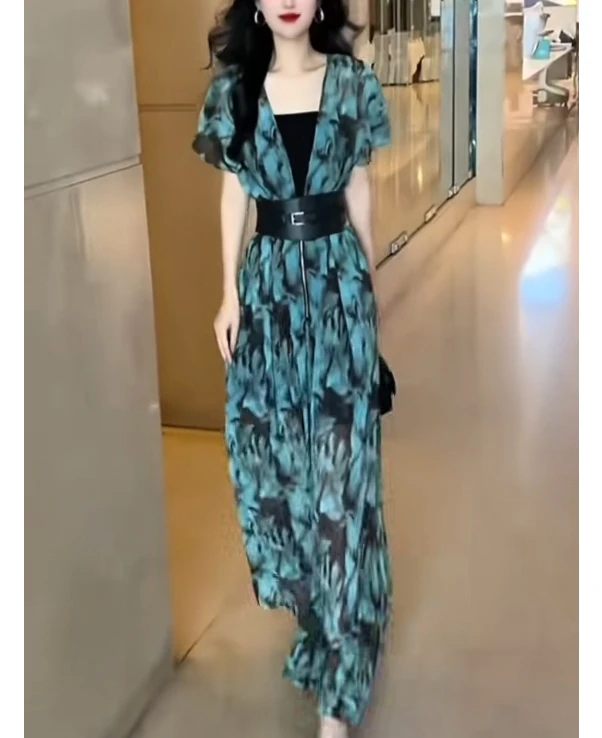 夏季高腰阔腿裤洋气印花显瘦时尚连体裤CY60502