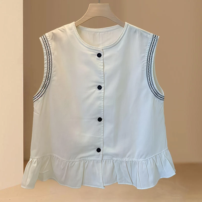 韩版百搭圆领无袖刺绣衬衫女2026年夏季新款洋气花边宽松显瘦上衣