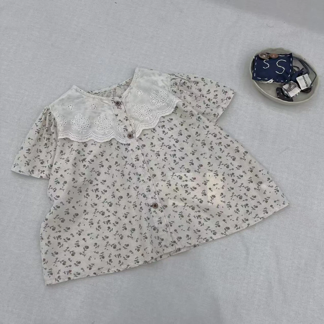 〖姐姐家〗2025夏款儿童萌娃穿搭蕾丝拼接花边碎花娃娃衫衬衫253088