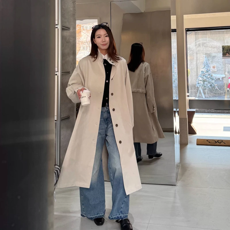 piecebypiece 韩版风衣外套新款纯色立领宽松收腰显瘦长款大衣女