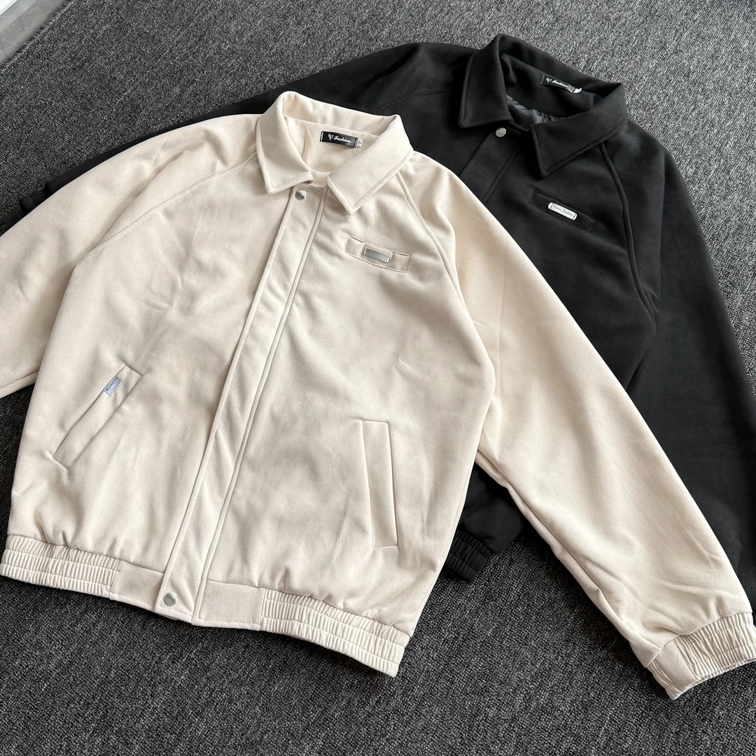 春款麂皮翻领外套夹克纽扣男女同款纯色百搭休闲休闲