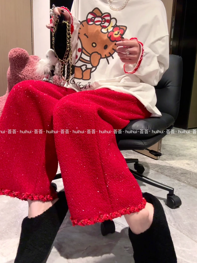 【0406红色小香】2025早春独立设计款小香风编织带长裤显气质休闲裤