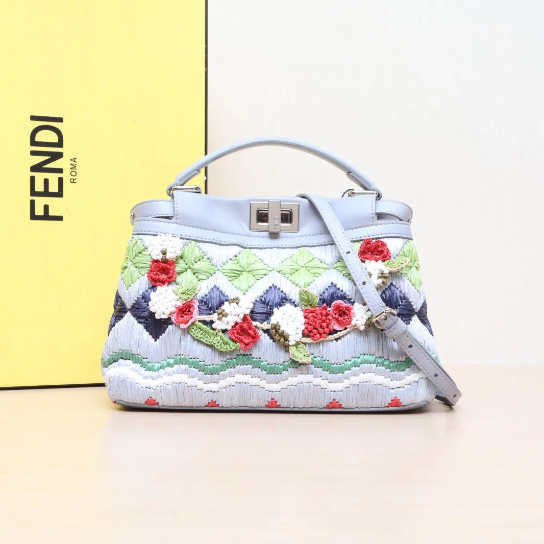 95新 FENDI/芬迪 手提单肩包 拉菲草编织 P205438493