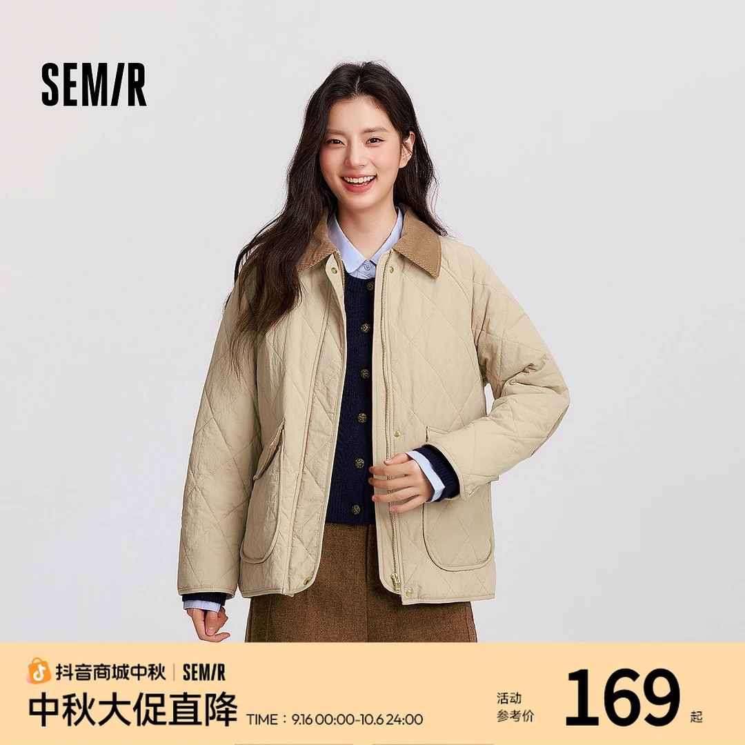 森马棉服巴恩风女冬季中长款宽松拼接灯芯绒翻领插肩袖菱格棉衣暖