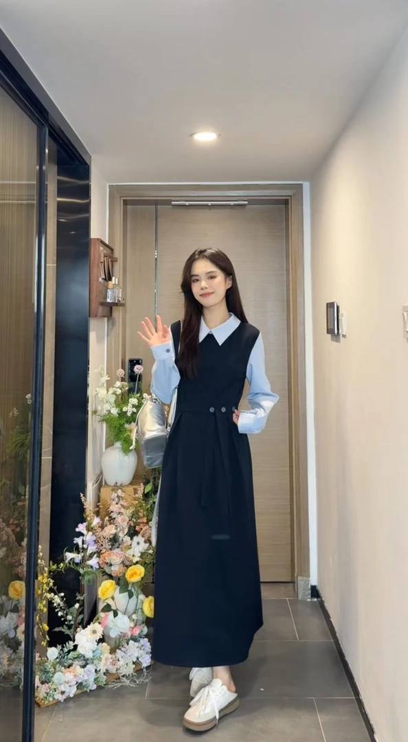 AN.XIN【魔女幼熙】学妹穿搭 早春撞色西装拼接假两件连衣裙1995