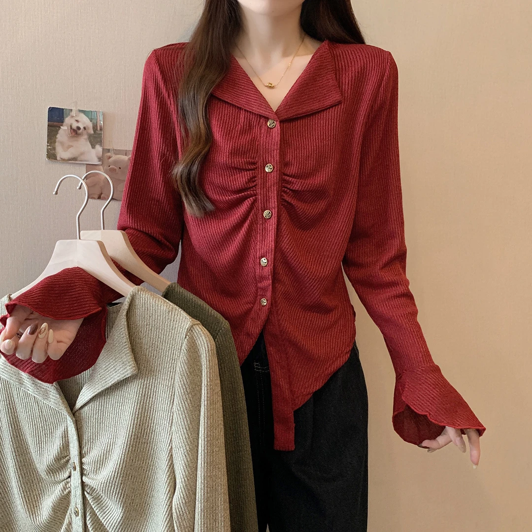 清大码2025秋季翻领正肩褶皱针织衫百搭打底衫上衣63615