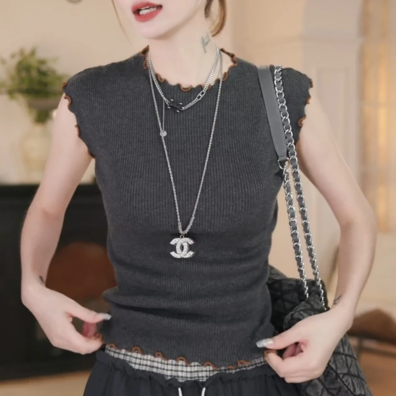 2025夏季新款木耳边无袖显瘦修身背心上衣LK2505242