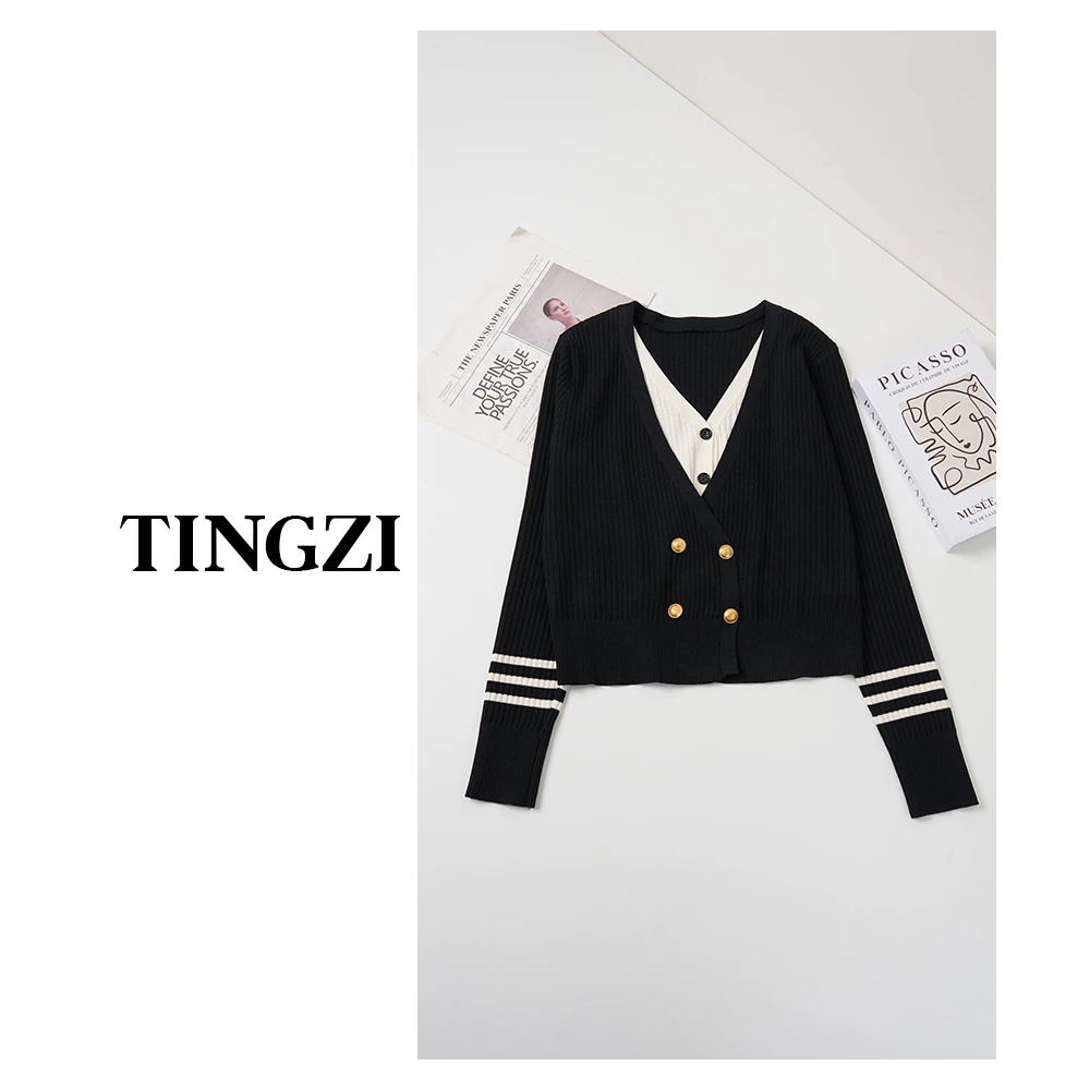 小王家/TingZi2025春上新上衣女针织衫套头假两件撞色气质长袖