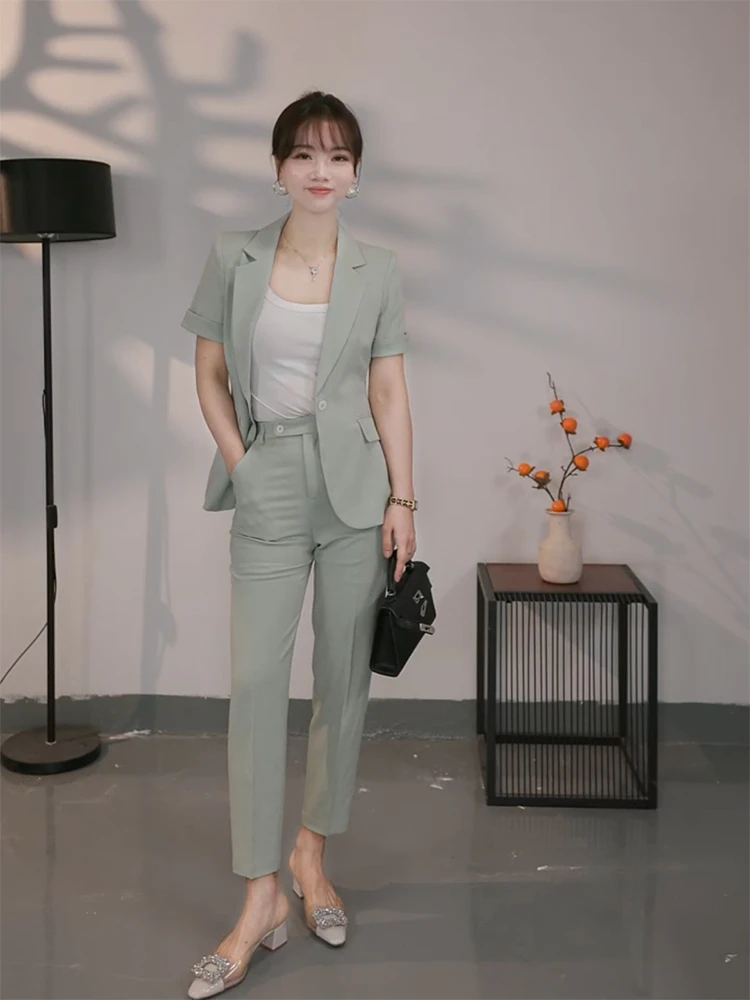 Q1027薄荷曼波绿色小个子西装外套女夏季轻奢高定短袖西服套装