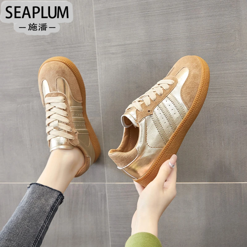SEAPLUM真皮金色软底德训鞋女款2025复古新款平底小白鞋休闲百搭