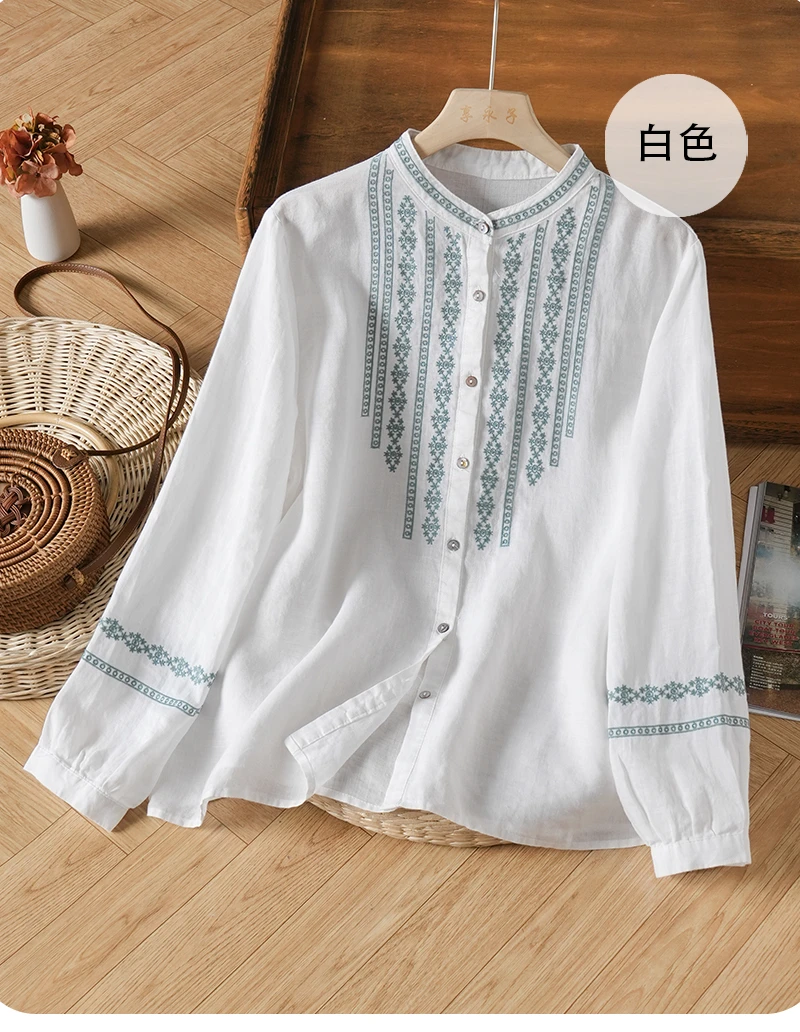 中式刺绣绣花棉麻长袖单排多扣衬衫文艺复古立领白色上衣2025春秋