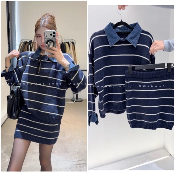 【 巴洛克幻想】 条纹拼接毛衣➕裙子套装