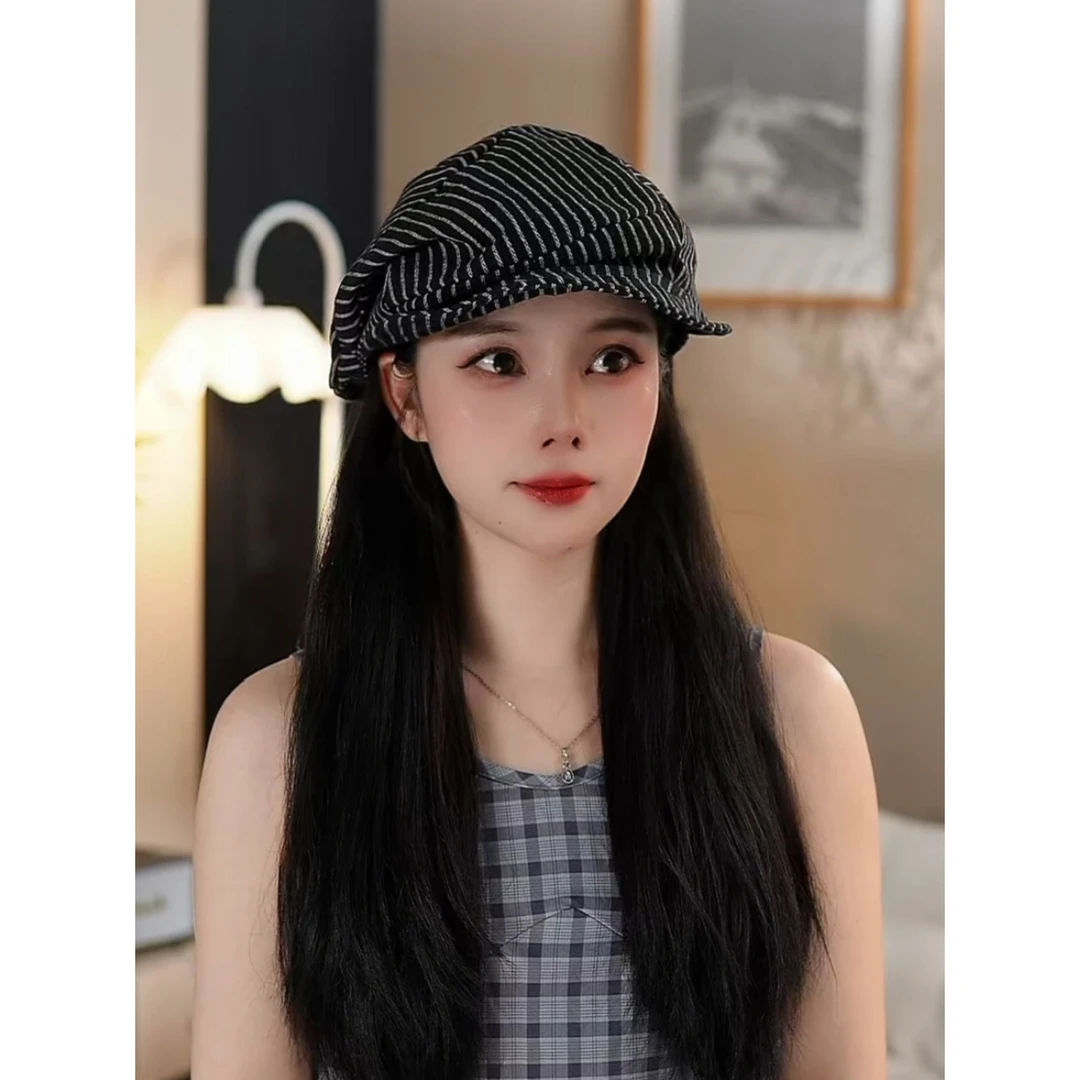 日系文艺条纹帽子棉麻贝雷帽女春夏季透气显脸小报童帽复古画家帽