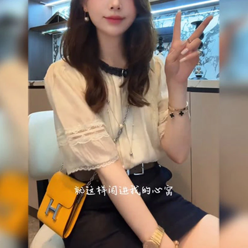 法式时尚高级蕾丝拼接衬衫2025夏季新款减龄设计感漂亮气质上衣潮