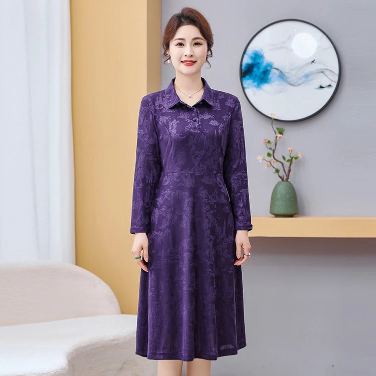 中年女装连衣裙春秋款长袖薄款中老年妈妈装裙子收腰显瘦中长裙潮