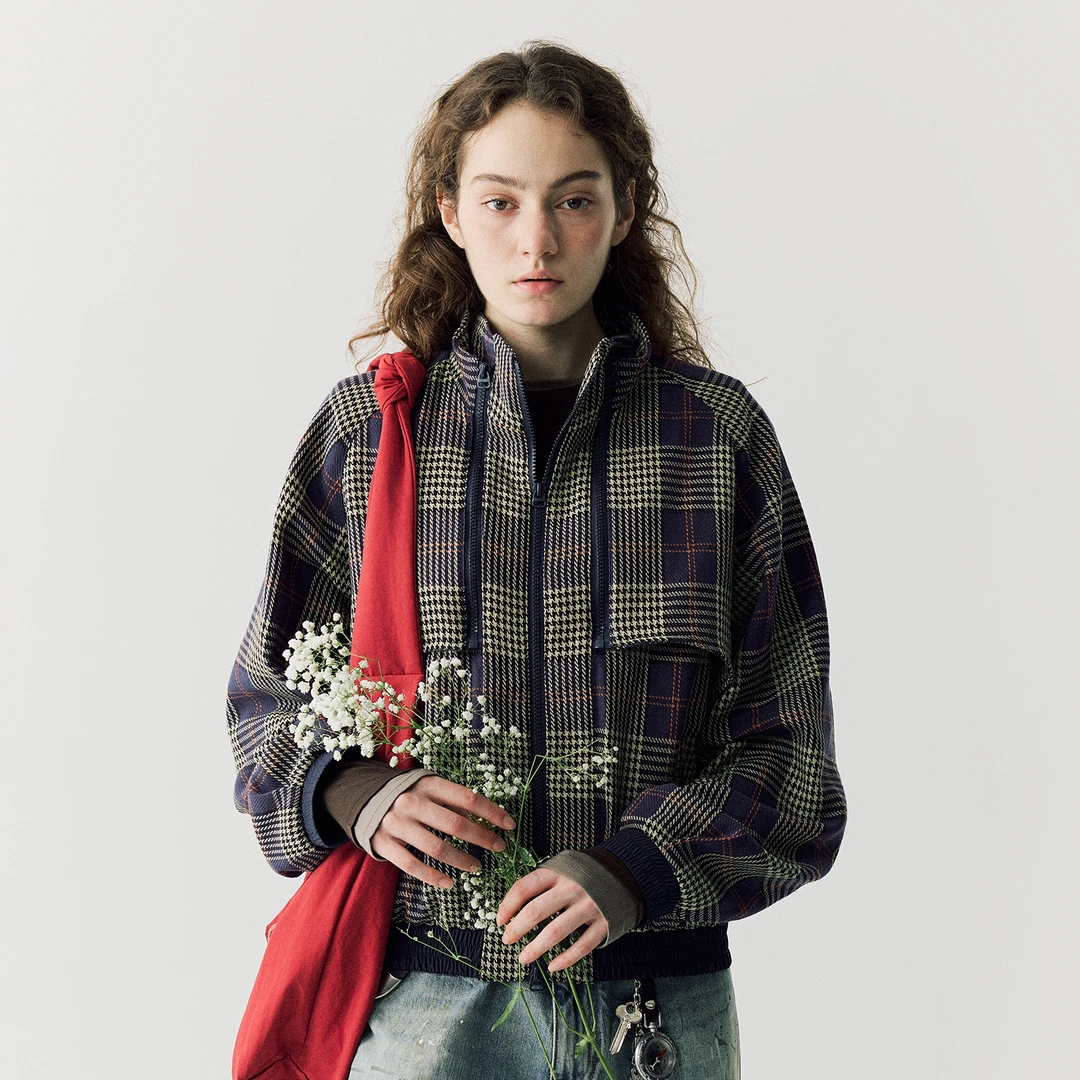 NORYBRAND 24FW格纹可拆卸二合一网球元素复古夹克设计感拉链外套