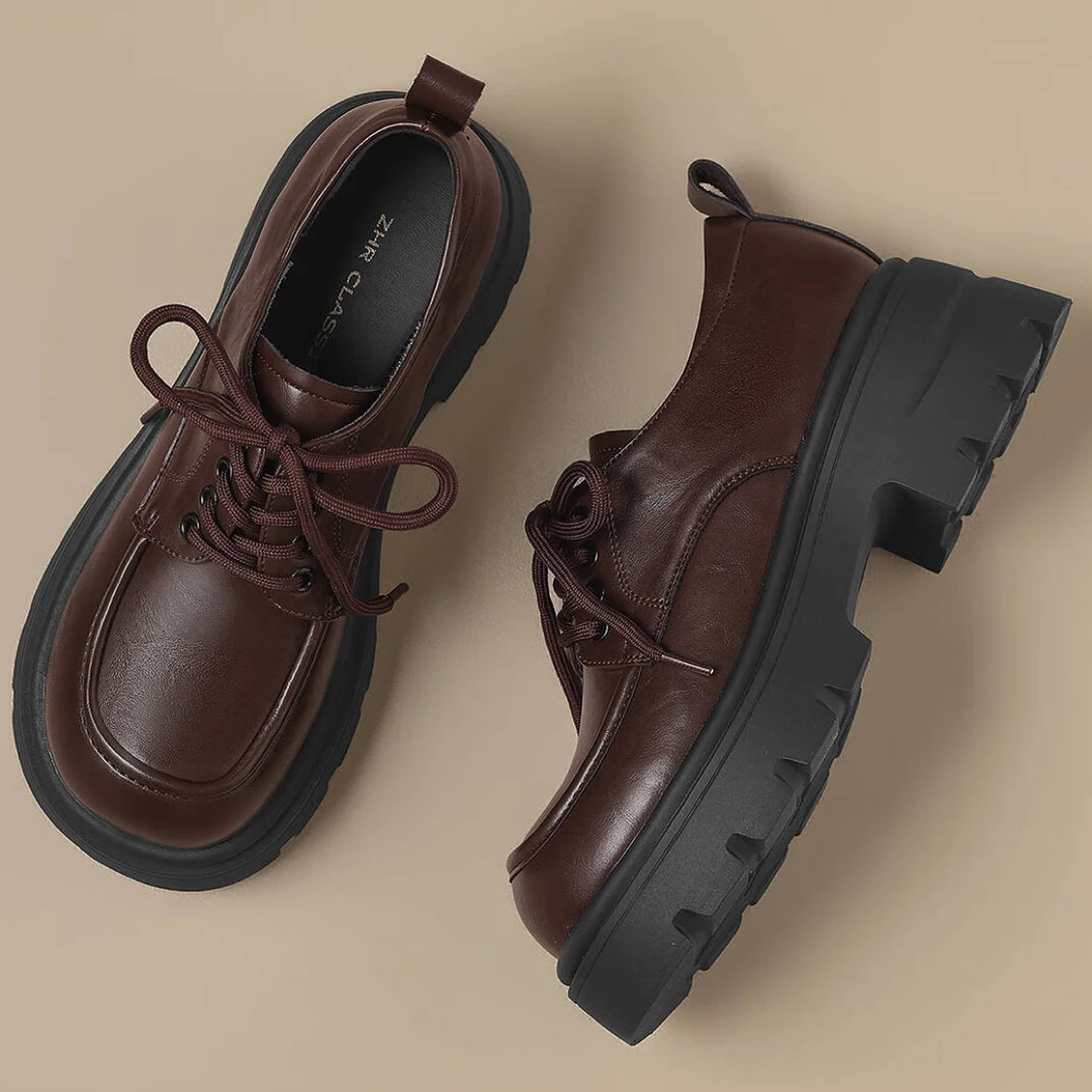 乐福鞋女增高厚底英伦风小皮鞋女系带通勤百搭单鞋女棕色黑色