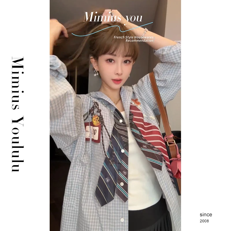 【mimius】P 领带挂饰格纹宽松连帽衬衫+背心 G07201