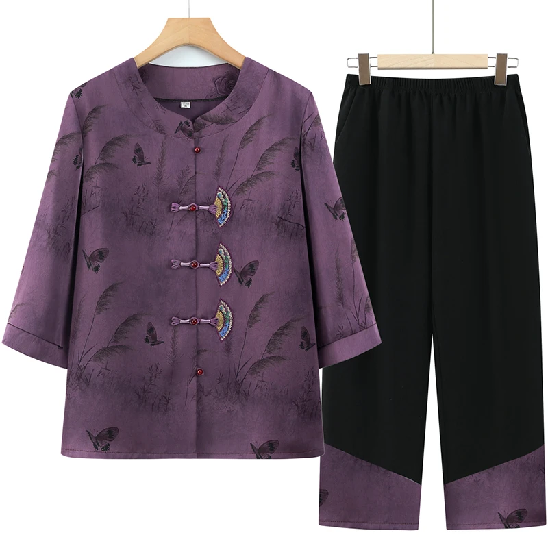 中老年女装夏季新款休闲套装大码妈妈装七分袖绣花上衣老人两件套