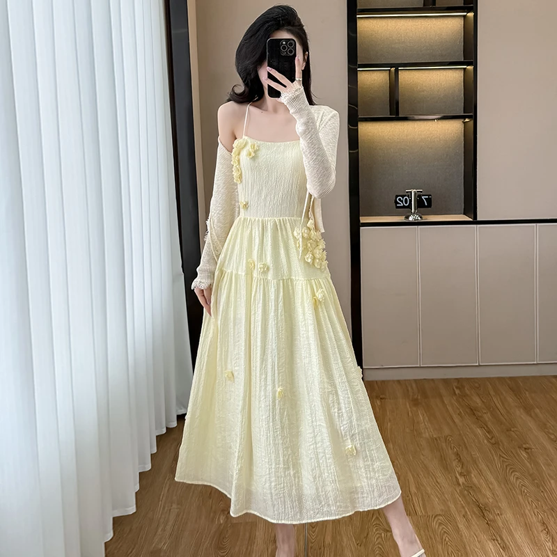 韩系温柔风立体花朵吊带连衣裙女夏季新款修身收腰两件套气质长裙