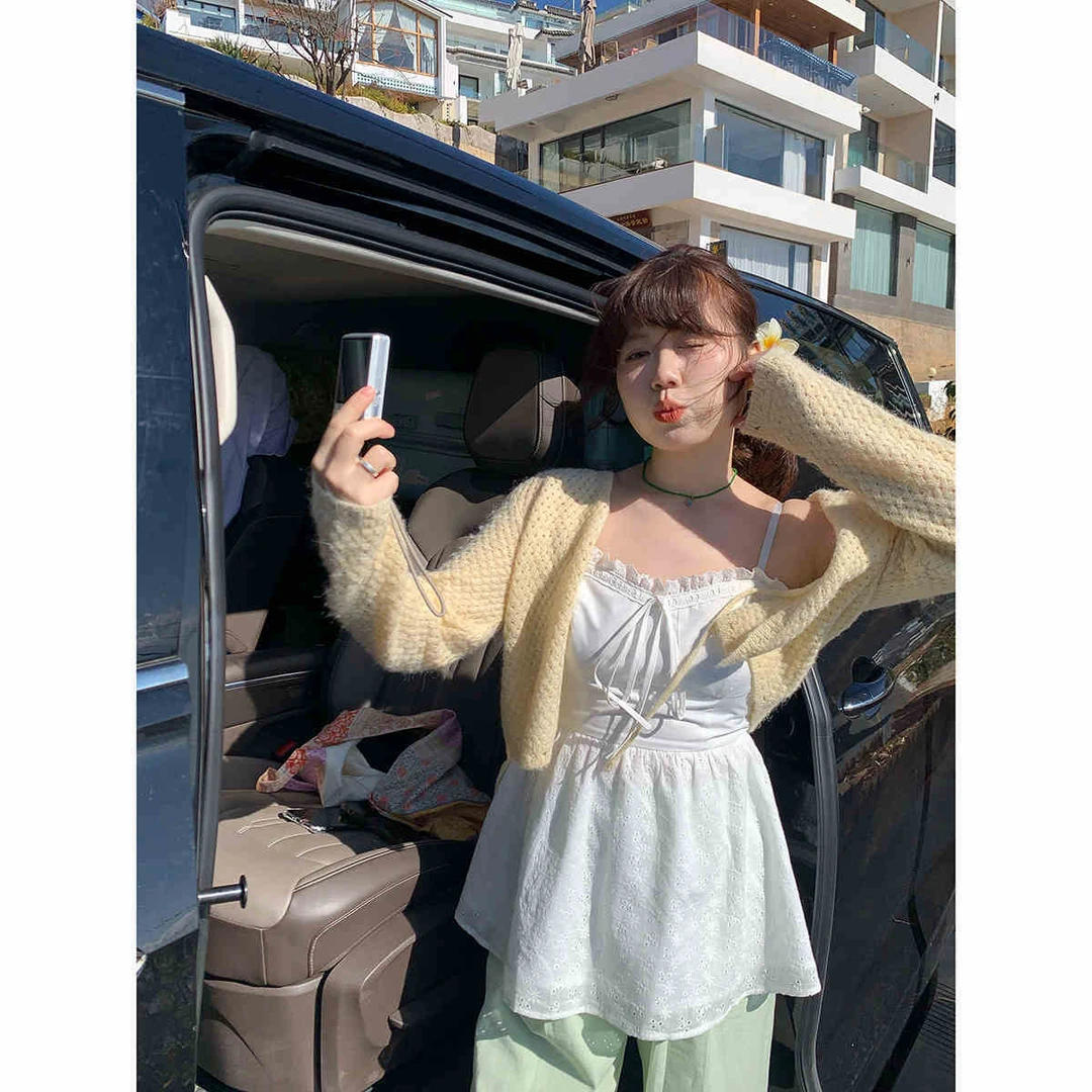 春季纯色短款不褪色长袖毛针织衫针织毛衣开衫韩版外穿时尚