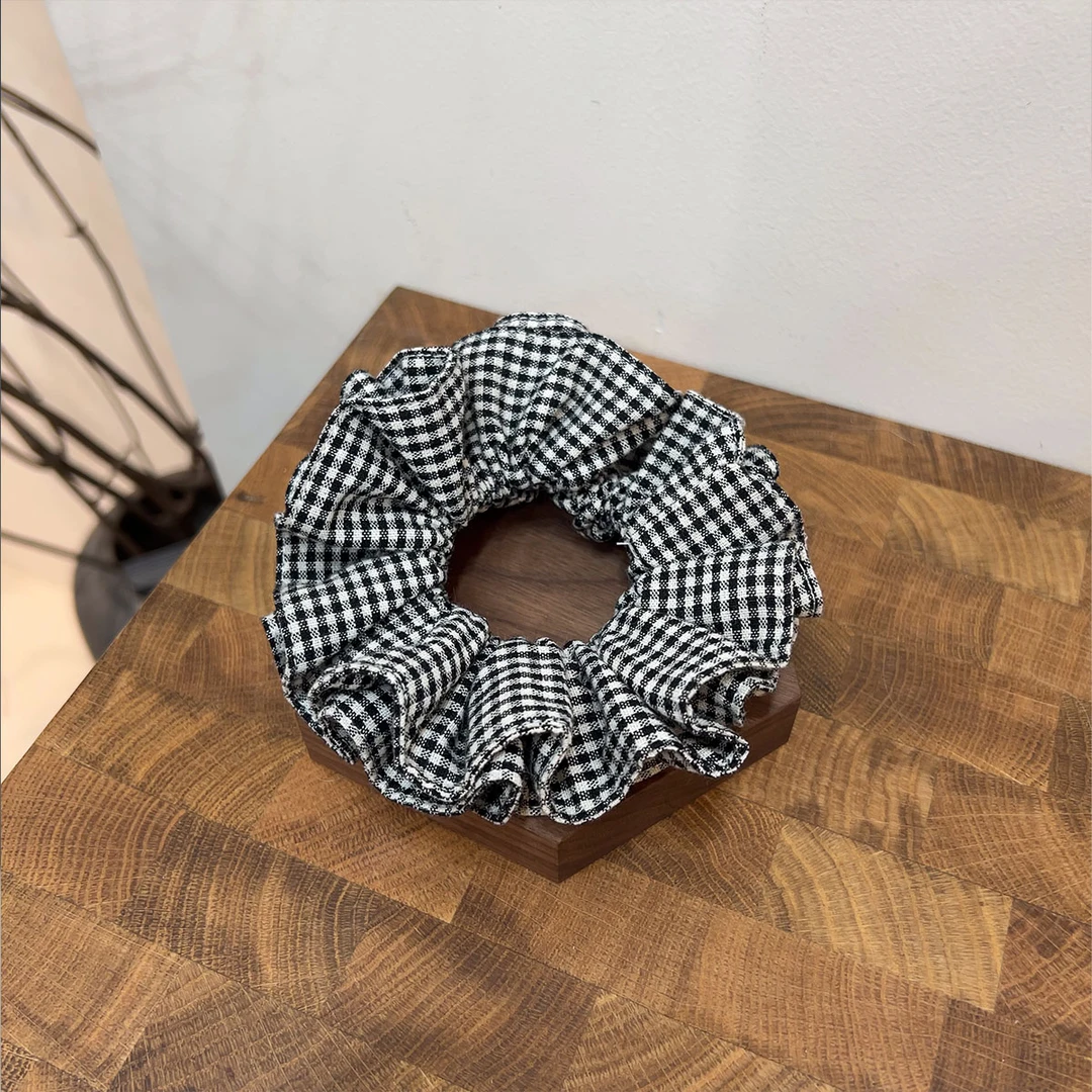 小众简约复古韩系风黑白格纹双层大肠发圈