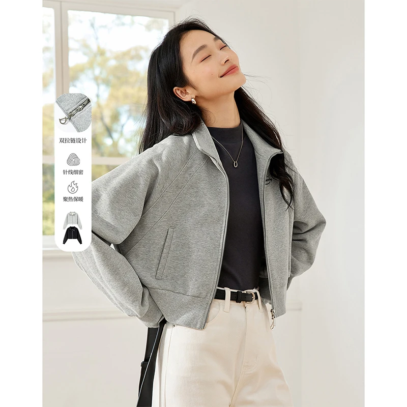 *立领加绒卫衣外套女短款2025高级感休闲夹克气质显瘦M8886