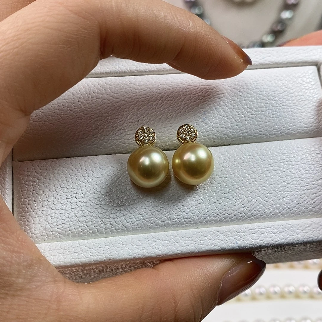耳饰18K金镶嵌海水珍珠10-11m南洋金珠耳环（茶金品质）