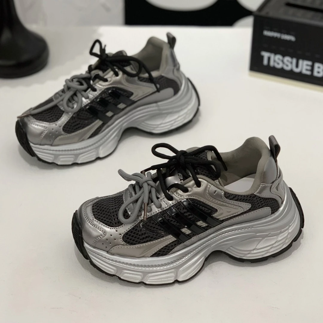 双鞋带老爹鞋女2025秋系新款经典时髦厚底增高系带百搭休闲运动鞋