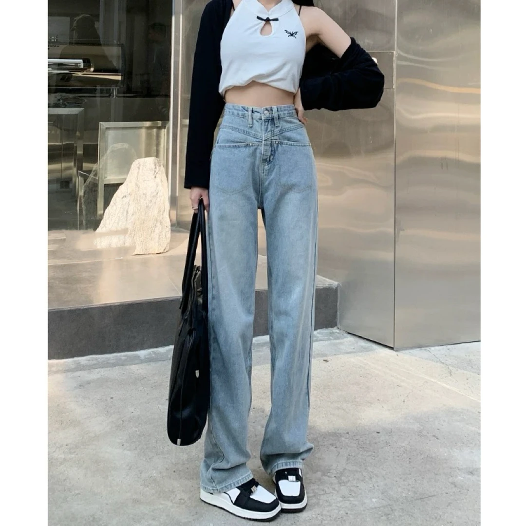 7703  韩版高腰直筒线条感时尚宽松牛仔裤