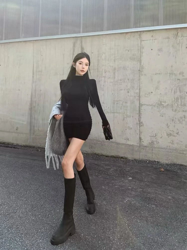 【茹哥】辣妹半高领修身紧加绒长袖包臀性感内搭连衣裙9902