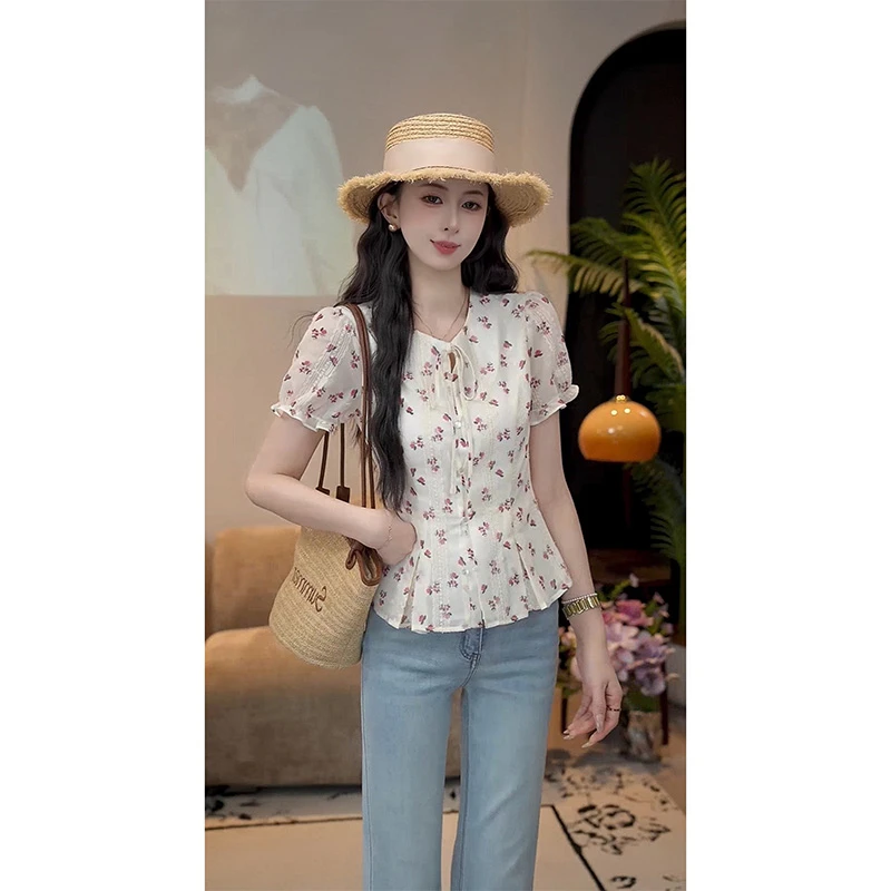 YUANLIANSU/圆脸酥【亭亭月见】法式温柔风甜美气质短袖碎花衬衫女