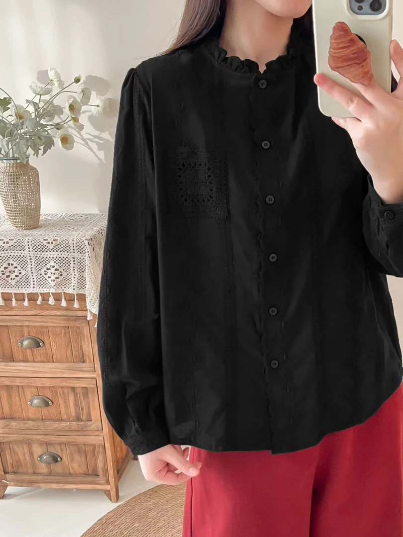 文艺范花边领绣花纯色衬衫女休闲百搭单排扣衬衣显瘦小衫上衣3588
