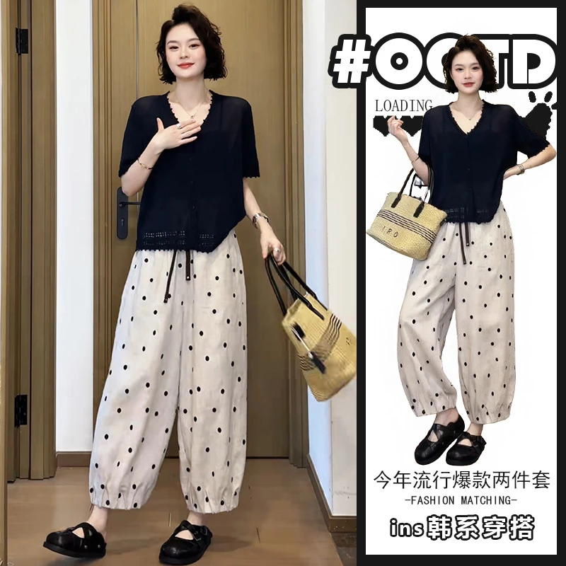夏季流行穿搭一整套女2025高级感黑色T恤波点休闲裤两件套装