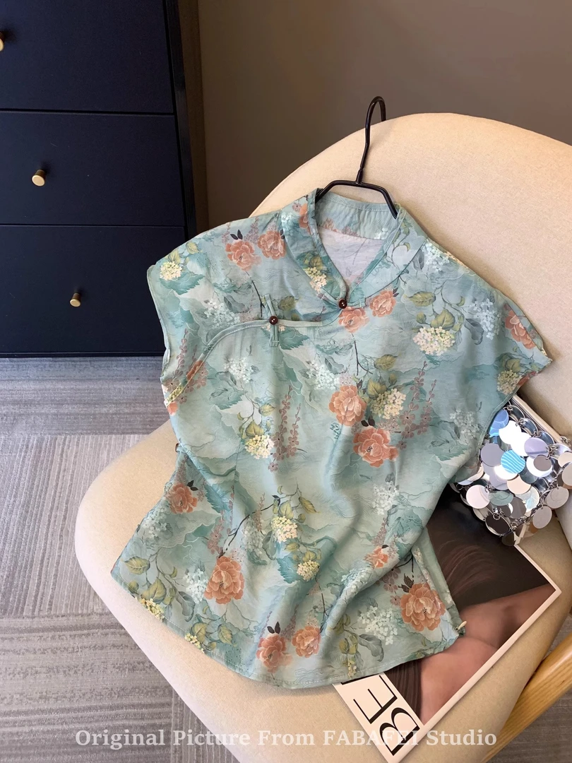 新中式盘扣印花绿色衬衫女装夏季日常可穿坎肩小衫国风旗袍领上衣