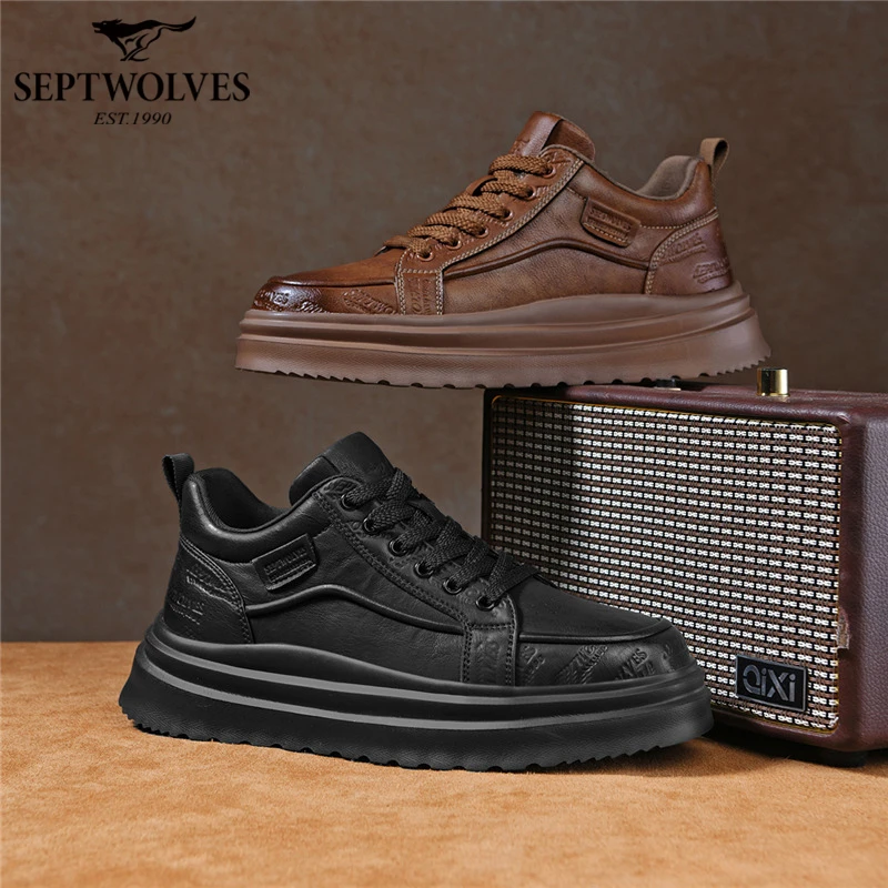 七匹狼男鞋秋冬季高帮皮鞋休闲皮鞋百搭复古风耐磨增高潮流英伦风