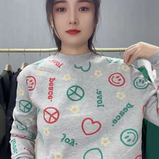 外贸高品质女款长袖静奢风卫衣圆领时尚爱心笑脸款