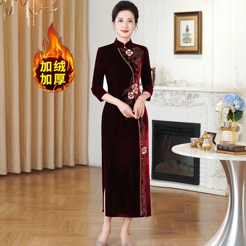 高端婚礼喜妈妈晚礼服高档洋气金丝绒旗袍喜婆婆婚宴装高贵年轻