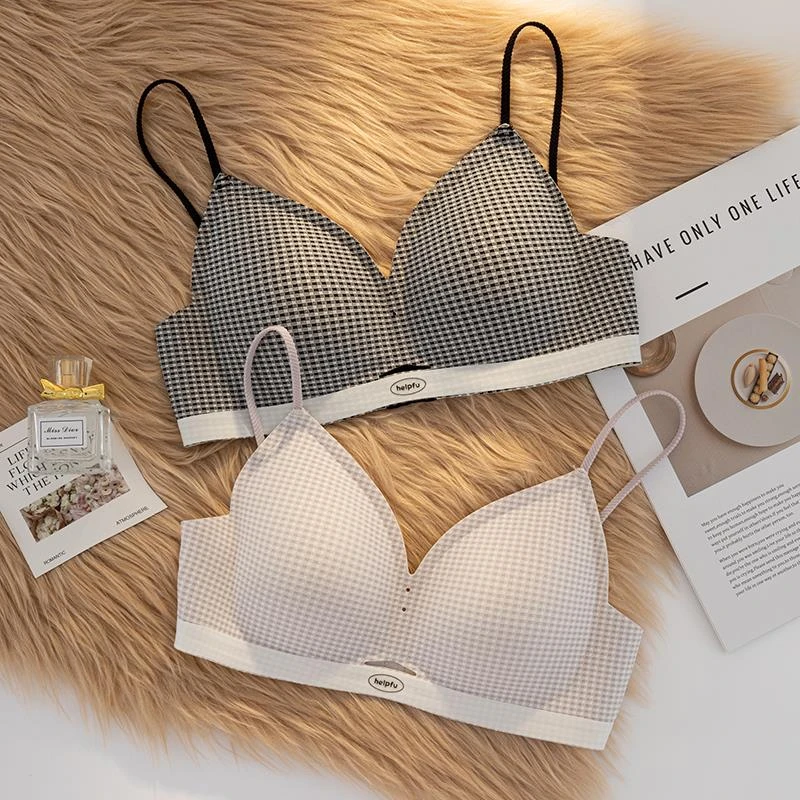 格纹无痕内衣少女夏季薄款小胸聚拢收副乳防下垂软支撑文胸罩显小