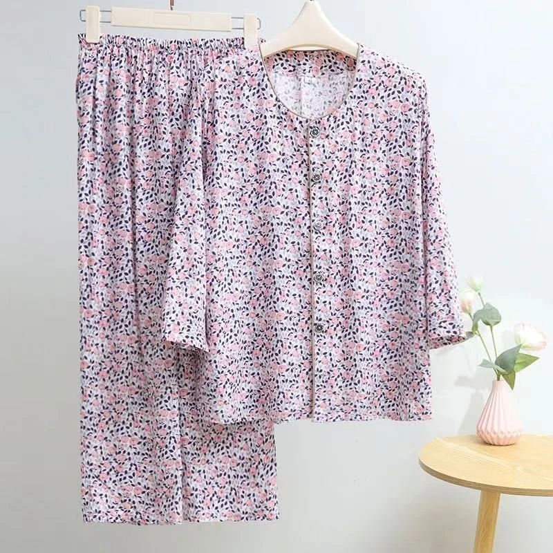 老年人睡衣女夏天绵绸套装薄老人开衫七分袖奶奶装棉绸外出家居服