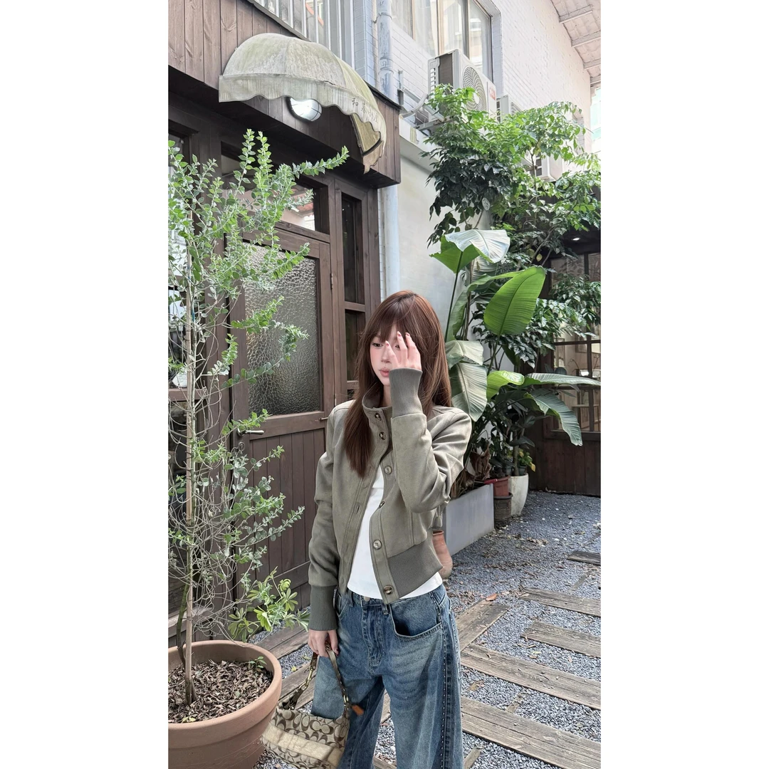 美式复古立领夹克外套女收腰修身显瘦设计感小众秋季短款开衫上衣