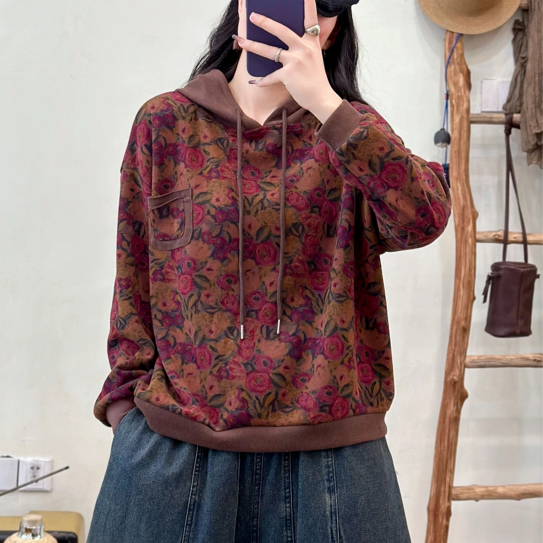 661新款春秋时尚休闲百搭花色连帽卫衣宽松显瘦印花小衫上衣女