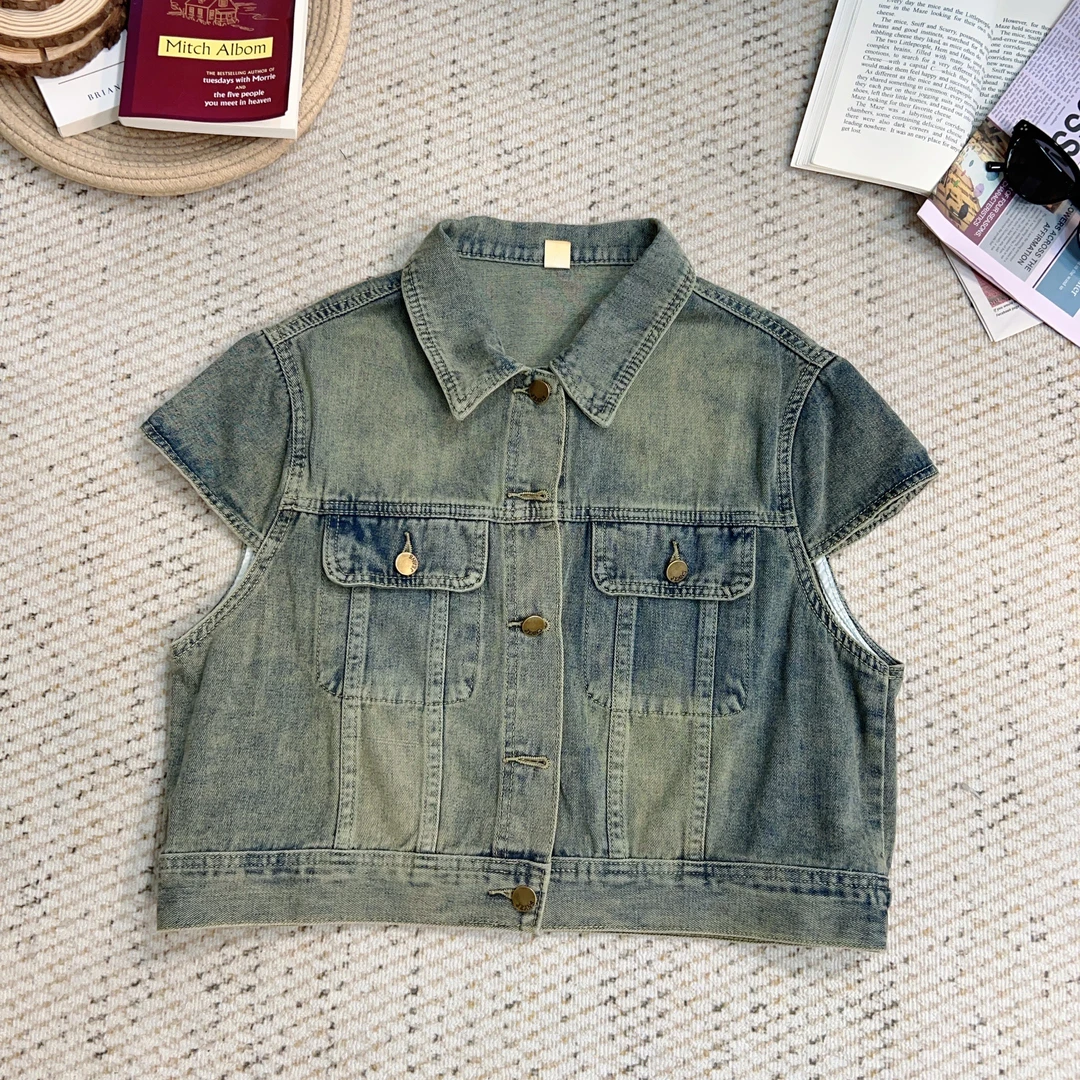 2025夏季新款纯色休闲百搭宽松牛仔马甲外套4014