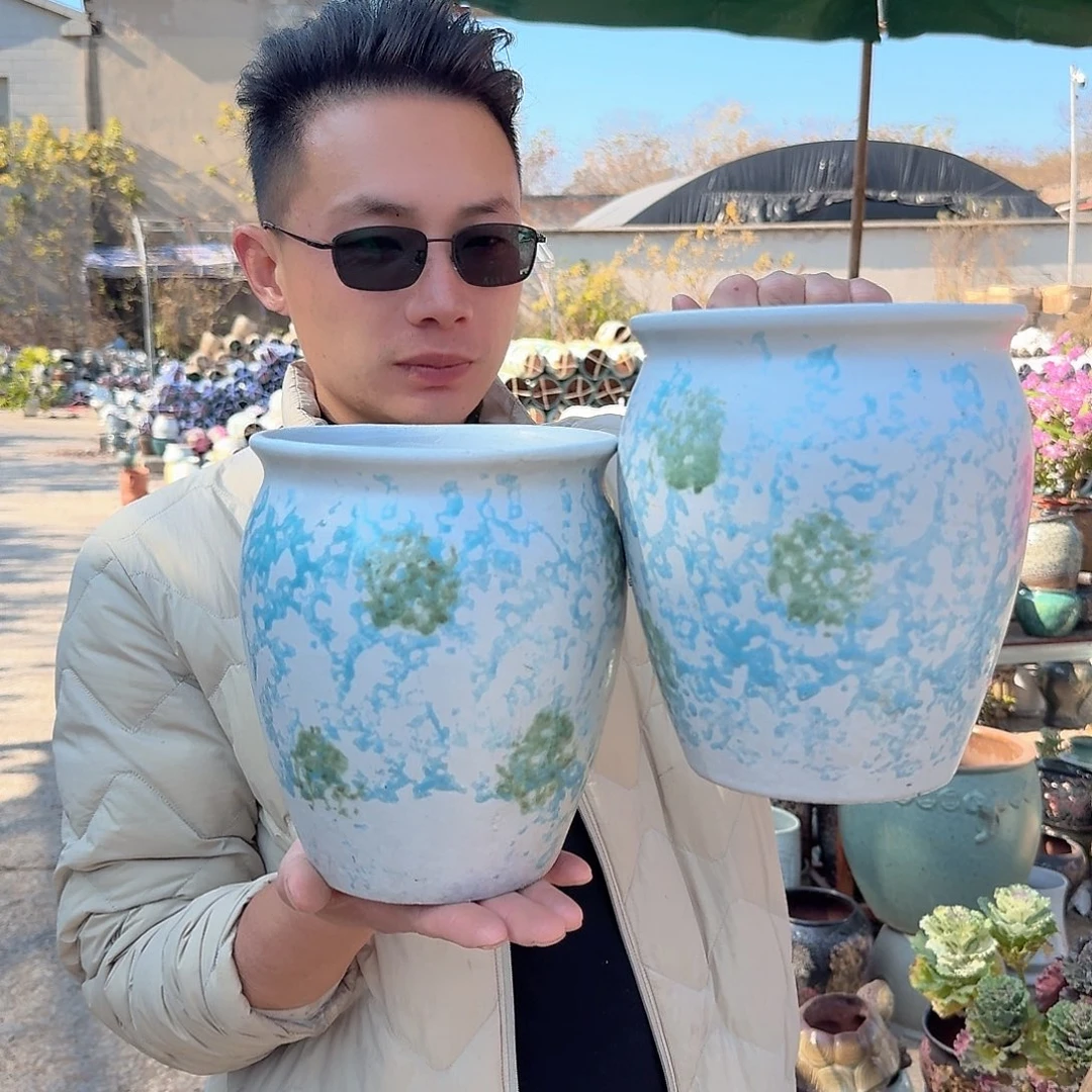 紫砂花盆口17高21（两个老庄姹寂蓝