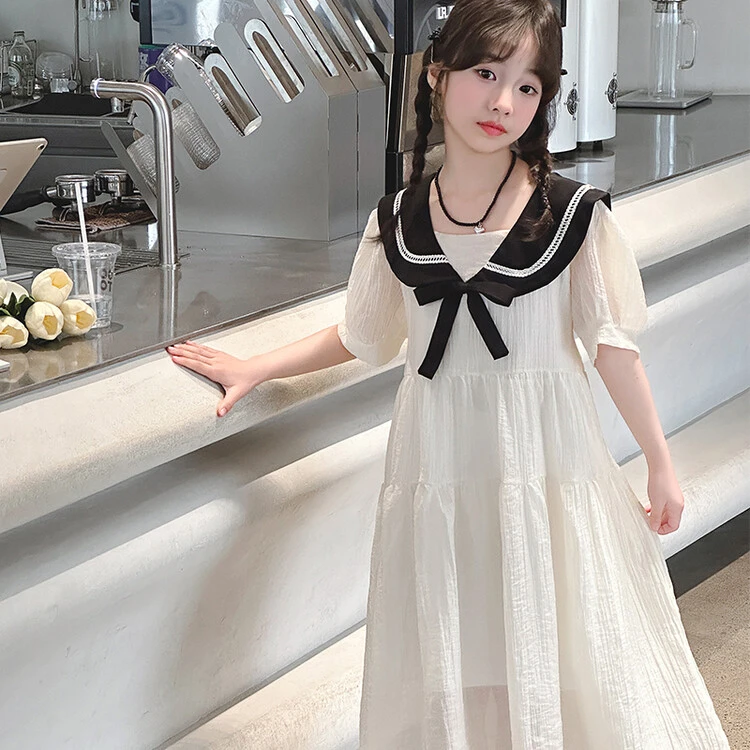 【芽梓制衣】女童夏季气质裙子学院风时尚纯色蝴蝶结风连衣裙女童装