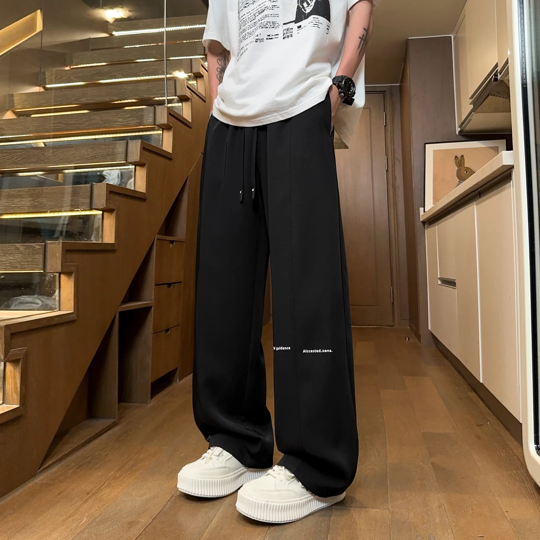 夏季薄款冰丝裤子男垂感美式潮牌弯刀休闲裤速干宽松直筒阔腿长裤