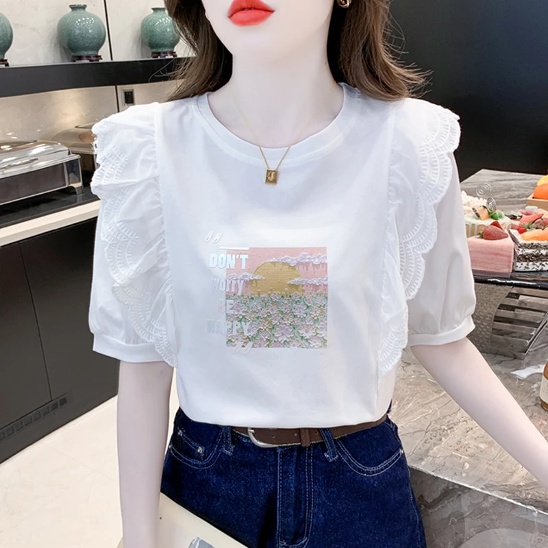 泡泡袖白色t恤女夏季时尚设计感小众拼接蕾丝短袖荷叶边上衣ins潮