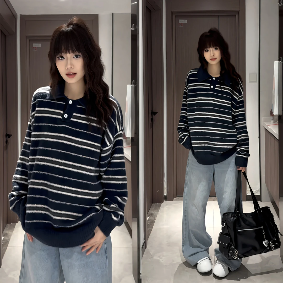 复古老钱风条纹撞色polo领毛衣男款秋冬慵懒感休闲宽松情侣针织衫