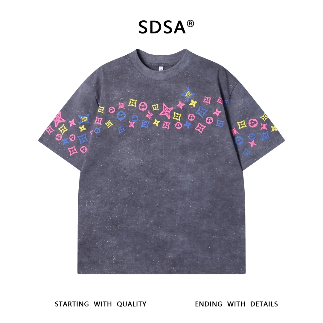 夏季高级感新款美式满天星彩色印花圆领短袖T恤百搭潮流时尚上衣